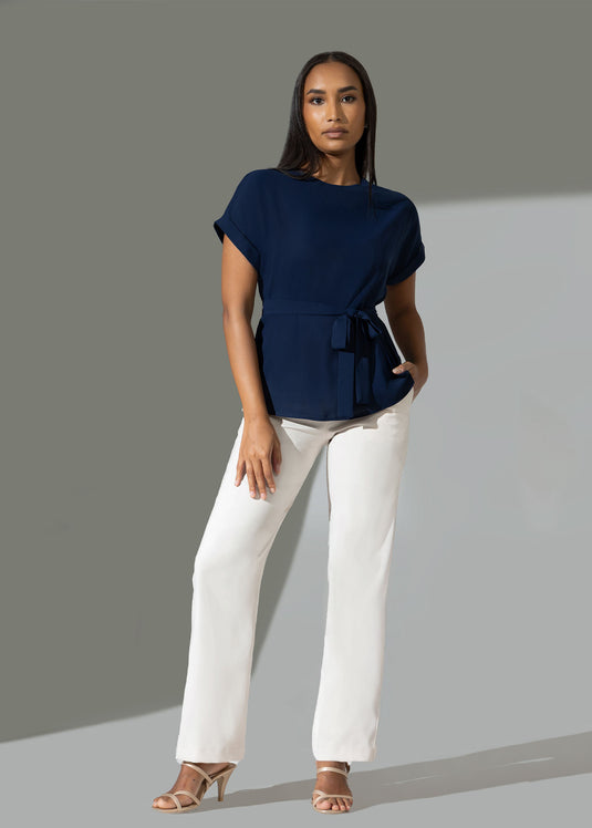 Extended shoulder blouse with functional tie