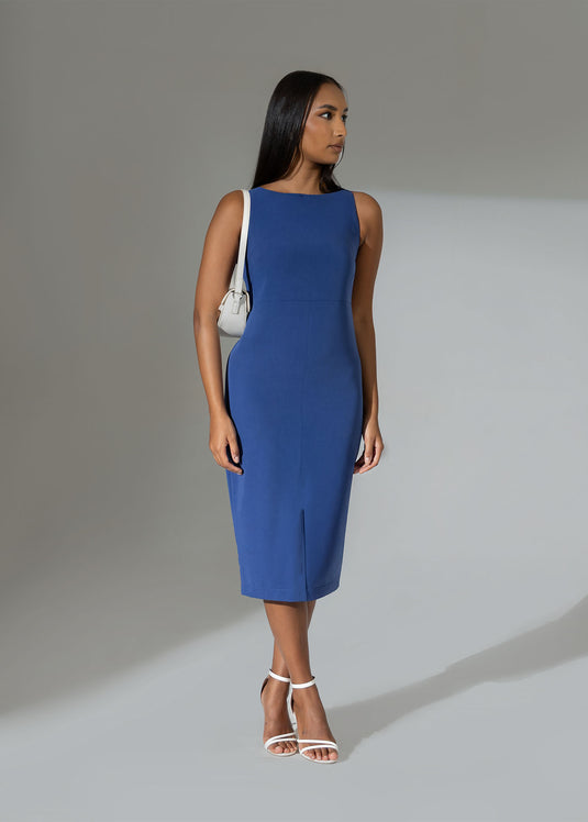 Sleeveless sheath dress with front slit