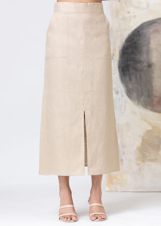 Linen Midi Length Skirt With Front Pockets & Slit