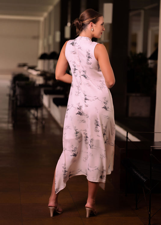 Printed sleeveless dress with tiered panel