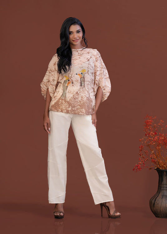 Batik jewel neckline puff sleeve top