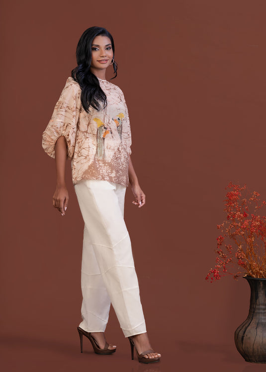 Batik jewel neckline puff sleeve top