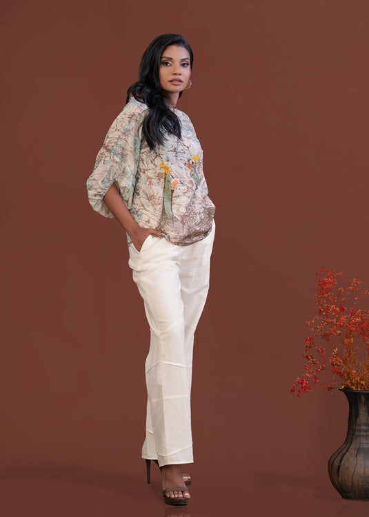 Batik jewel neckline puff sleeve top