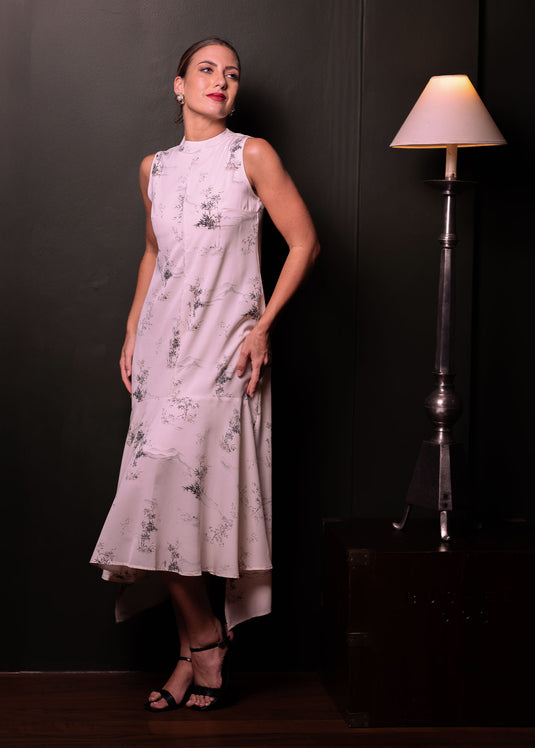 Printed sleeveless dress with tiered panel