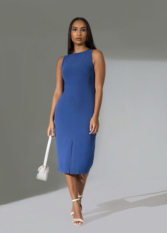 Sleeveless sheath dress with front slit