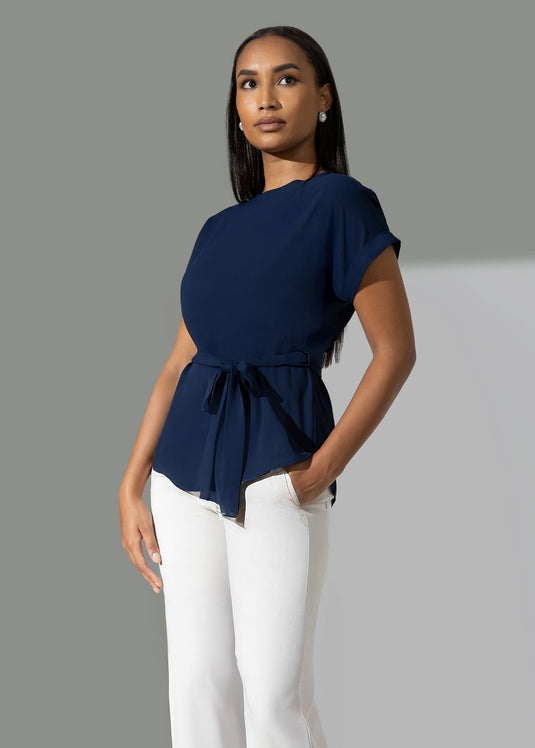 Extended shoulder blouse with functional tie