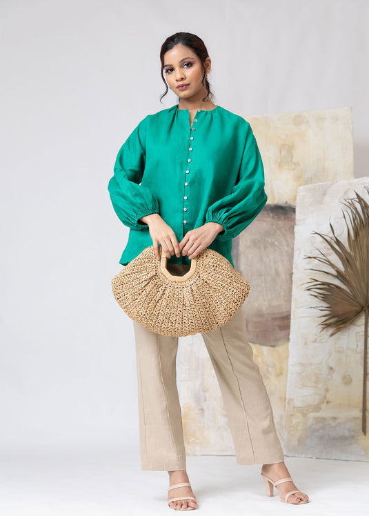 Button Down Linen Blouse With Puff Sleeve