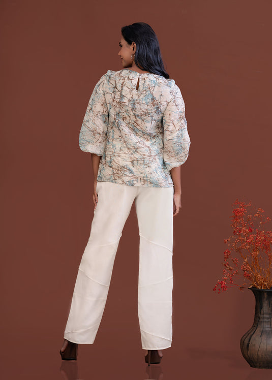 Batik jewel neckline puff sleeve top