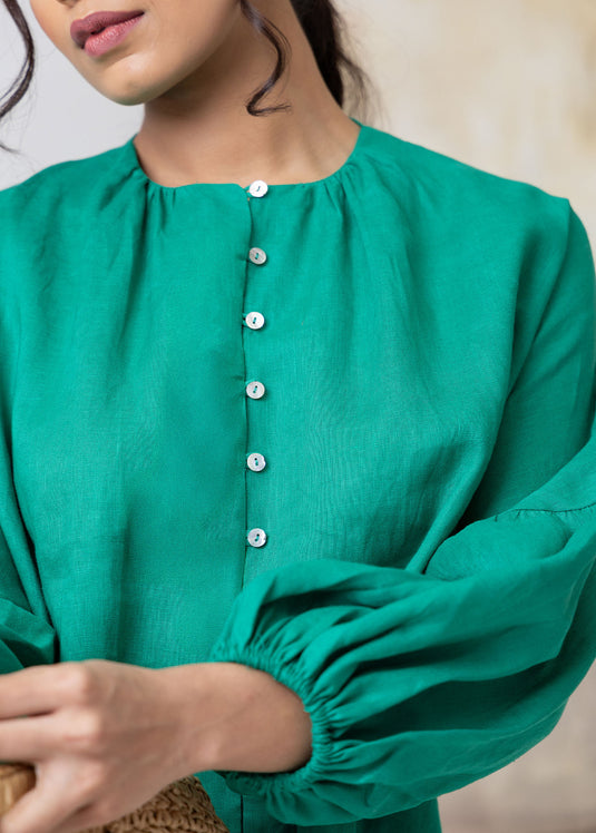 Button Down Linen Blouse With Puff Sleeve