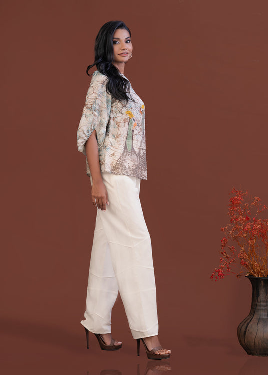 Batik jewel neckline puff sleeve top