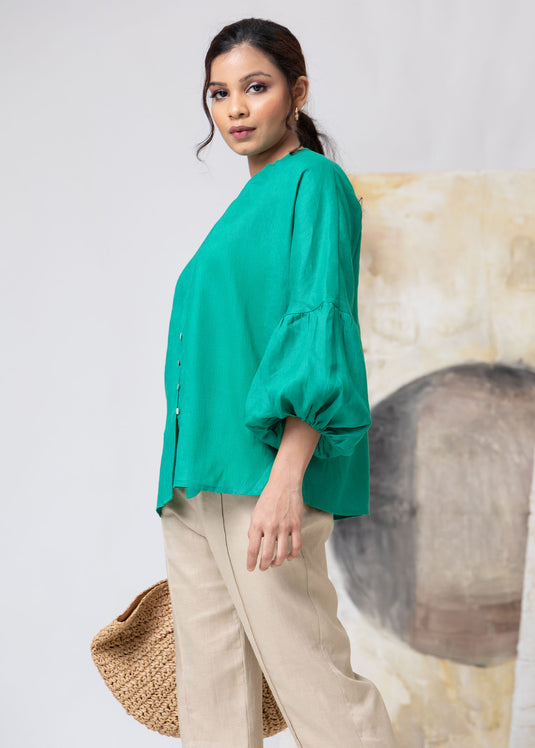 Button Down Linen Blouse With Puff Sleeve