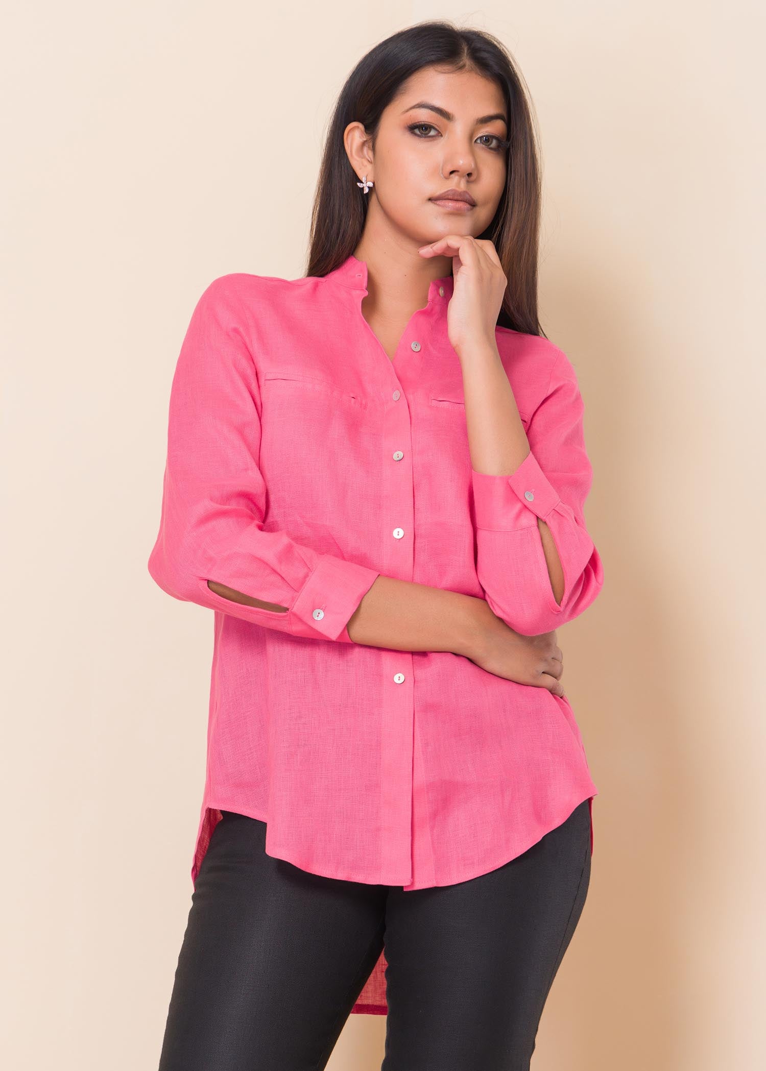 Long sleeve linen shirt with welt pockets