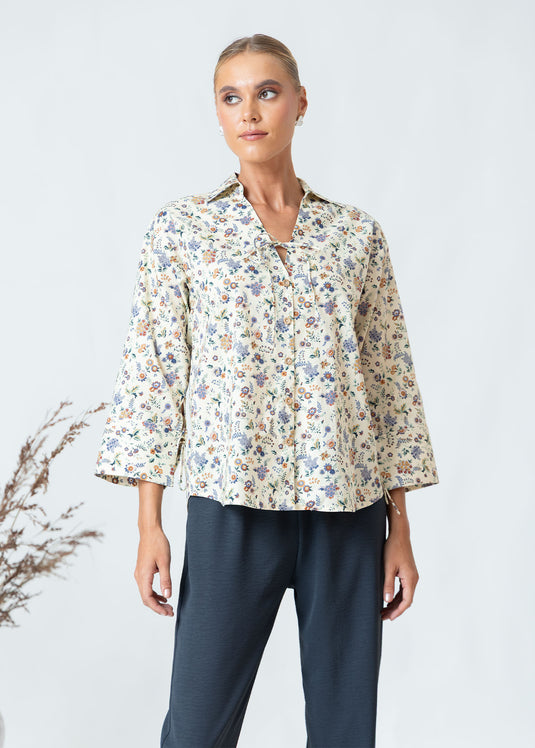 Printed Boxy Top With Front Tie