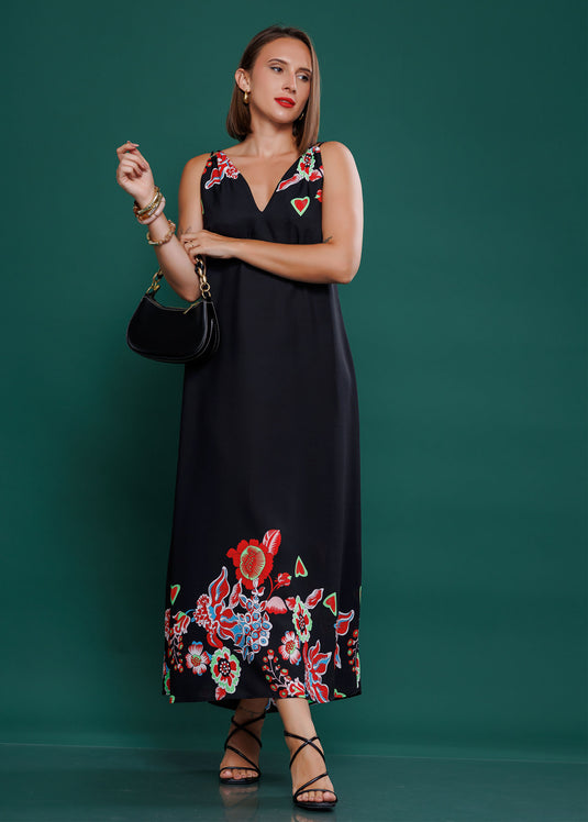 Printed maxi dress with double straps