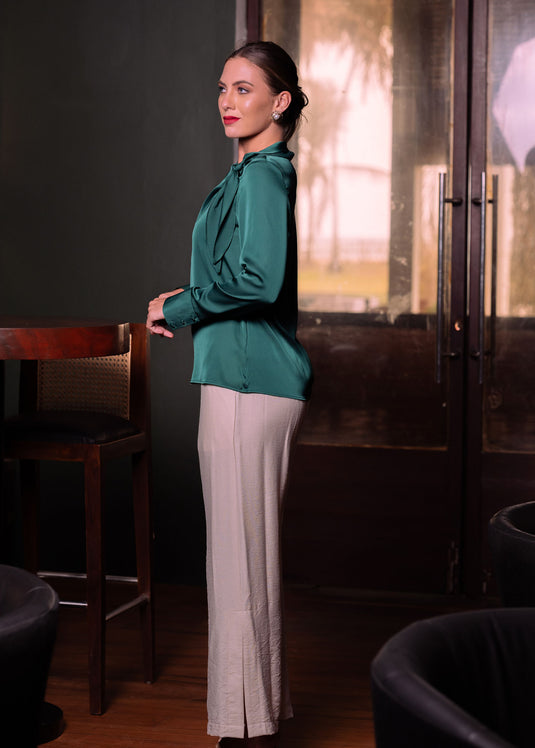 Long sleeve satin top with neck detail