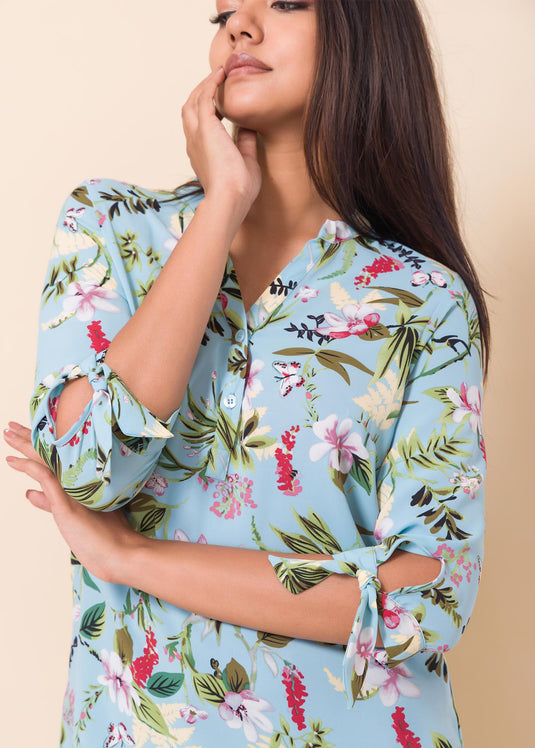 Floral printed blouse with sleeve ties