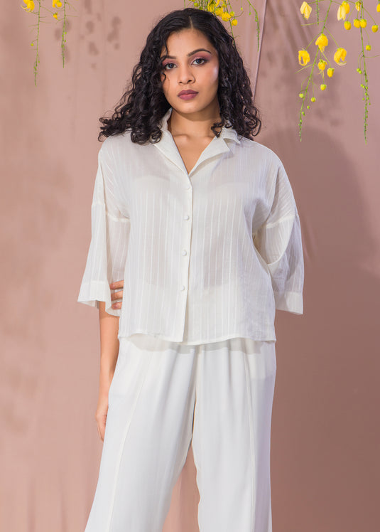 White Drop Shoulder Blouse With Cuban Collar