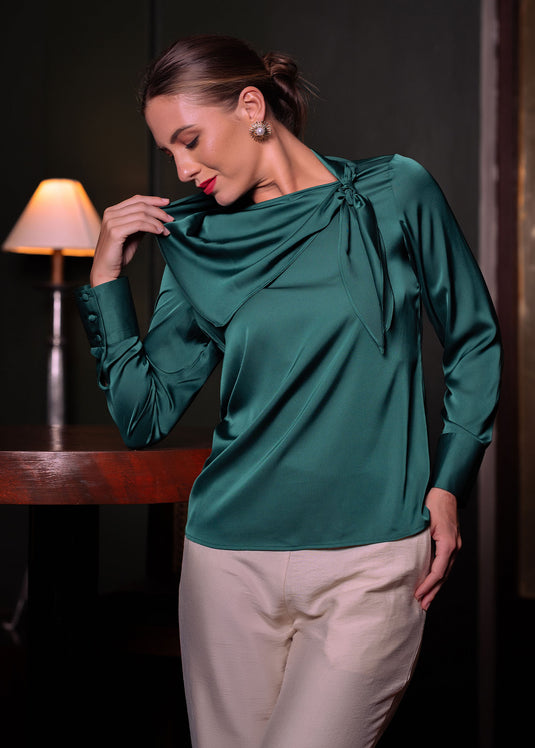 Long sleeve satin top with neck detail