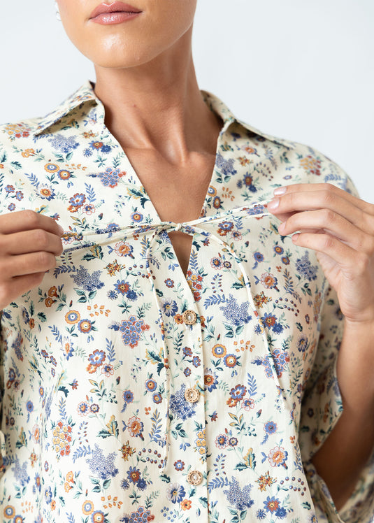 Printed Boxy Top With Front Tie