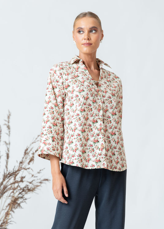 Printed Boxy Top With Front Tie