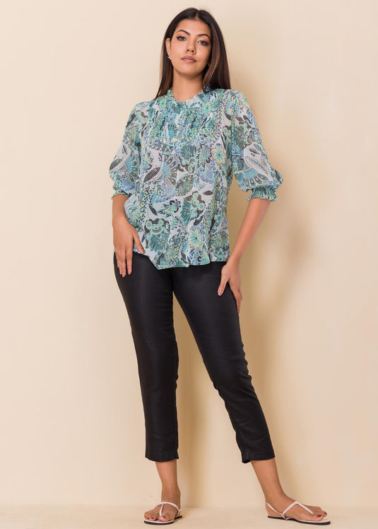 Printed blouse with smocking detail
