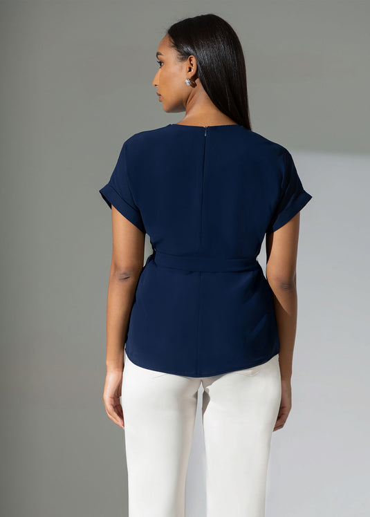 Extended shoulder blouse with functional tie
