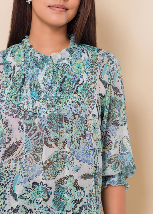 Printed blouse with smocking detail
