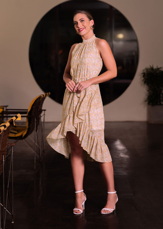 Printed halter neck dress with bottom frill detail