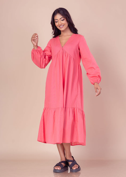 Long sleeve V neck midi dress