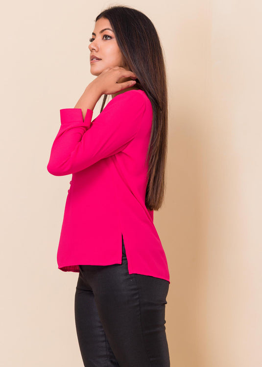 V neck blouse with covered buttons