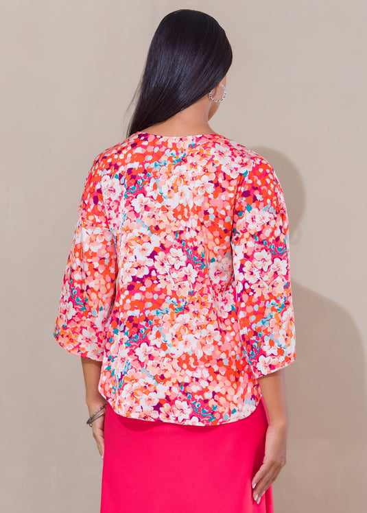 Printed V neck satin top