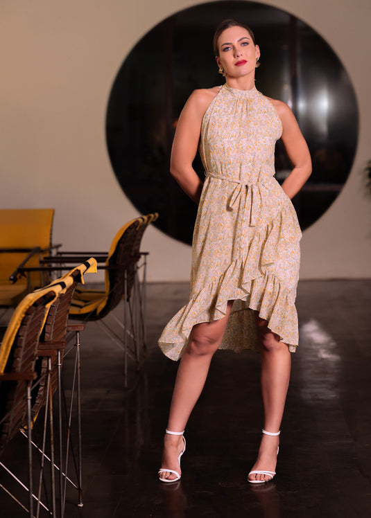 Printed halter neck dress with bottom frill detail