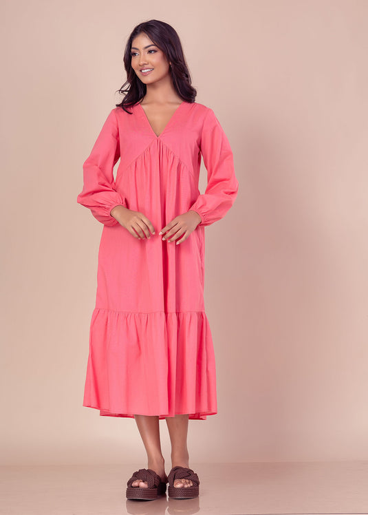 Long sleeve V neck midi dress