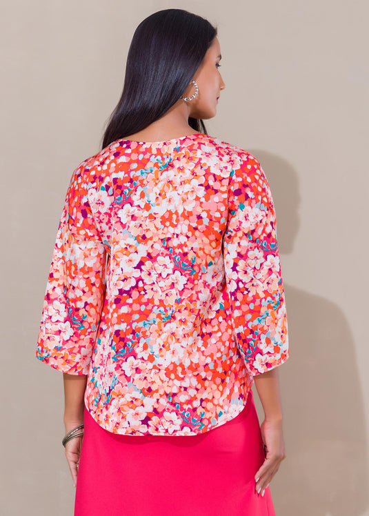 Printed V neck satin top