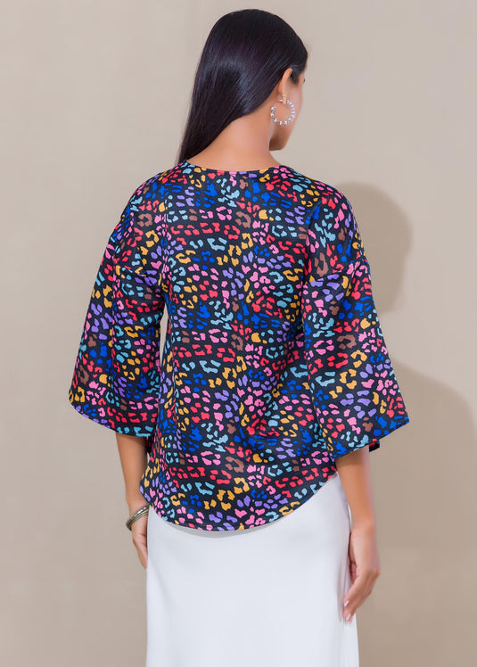 Printed V neck satin top
