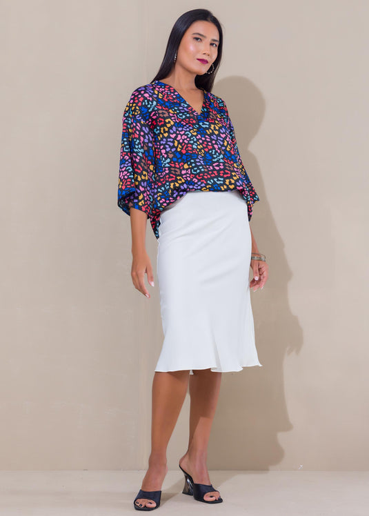 Printed V neck satin top