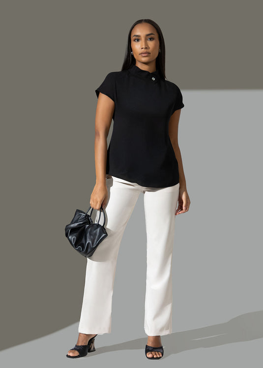 Extended shoulder blouse with wide neck band
