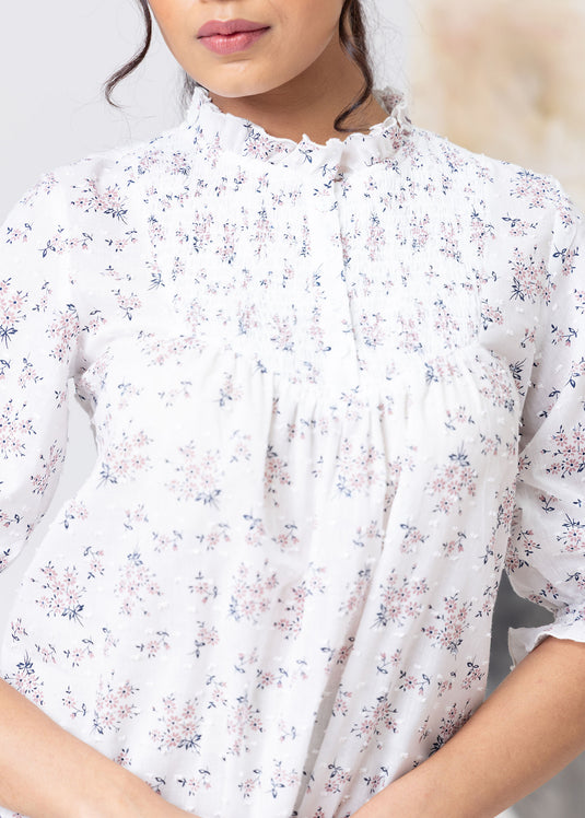 Printed Cotton Blouse With Smocking Detail