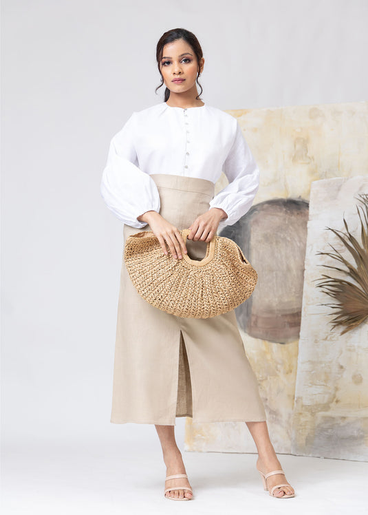 Linen Midi Length Skirt With Front Pockets & Slit