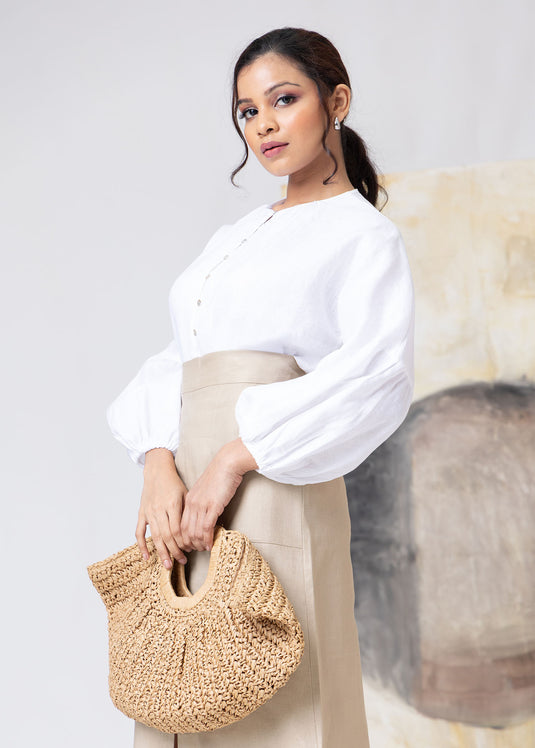 Linen Midi Length Skirt With Front Pockets & Slit