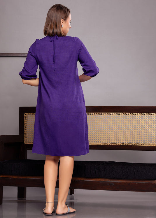 Puff sleeve linen dress with criss-cross neck line