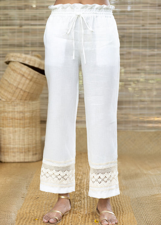 Linen Drawcord Pant With Bottom Lace Detail