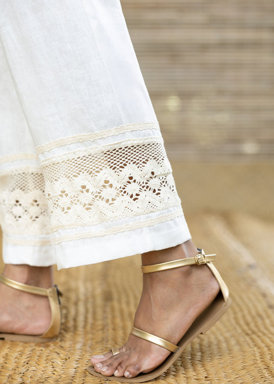 Linen Drawcord Pant With Bottom Lace Detail