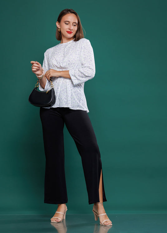 Long sleeve pleat detailed printed top