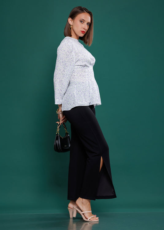 Long sleeve pleat detailed printed top