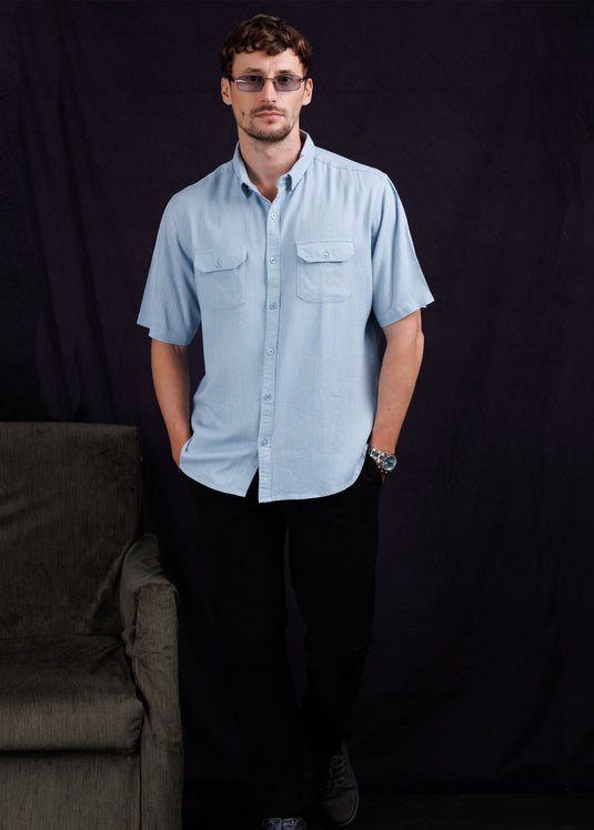 Linen camp collar double pocket shirt