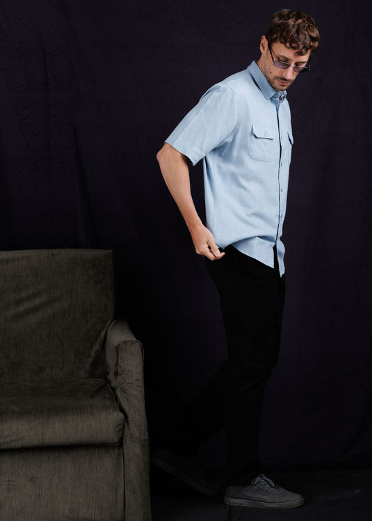 Linen camp collar double pocket shirt