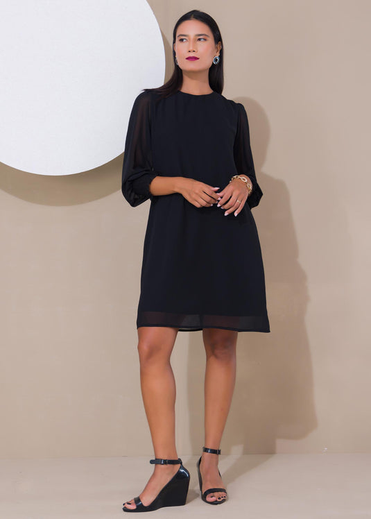 Shift dress with smocked cuff