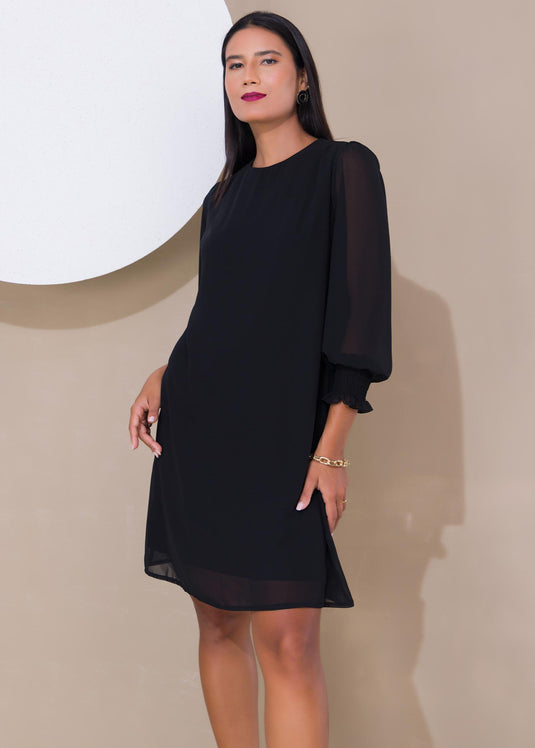 Shift dress with smocked cuff