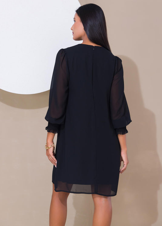 Shift dress with smocked cuff